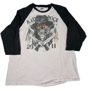 Vintage 2011 Kid Rock Born Free Tour Baseball Tee L Band Shirt Skull Guns USA